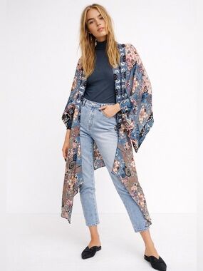 Free People Little Wing Mix Print Kimono Boho Floral Paisley Duster One Size OS